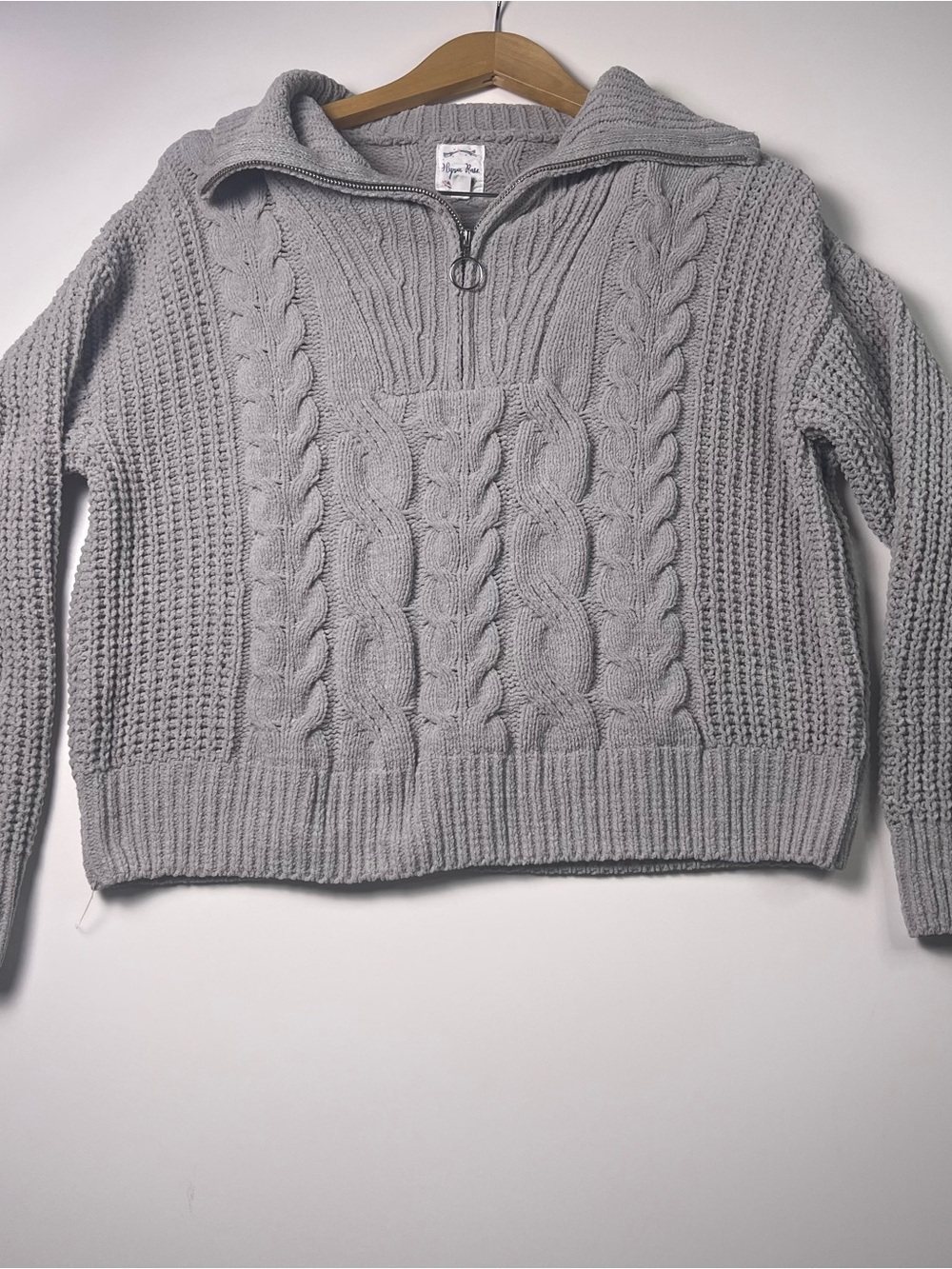Hippie Rose Grey Cable-Knit Half-Zip Pullover Sweater - Size Large Academia Cozy